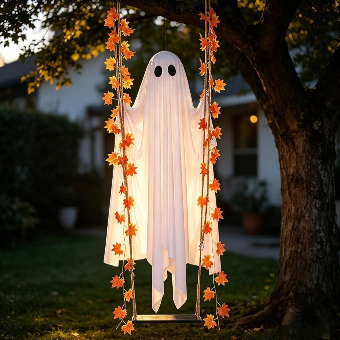 Halloween Glowing Ghost Swing Decoration – Lighted Hanging Ghost with Maple Leaf Vines for Indoor & Outdoor Yard Decor